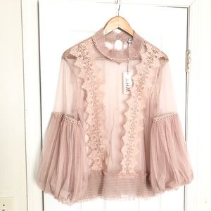 WHY DRESS Women's Mock neck Mesh Sheer Lace Long-sleeve Blouse Size Large NWT